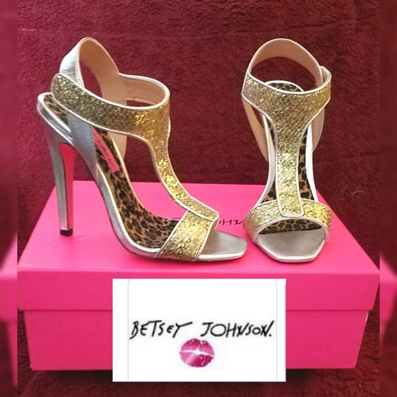 New inBox RARE Orig Betsey Johnson  Pink Bottom T-Strap Gold Silver Heels 5.5, 6 - Picture 7 of 12